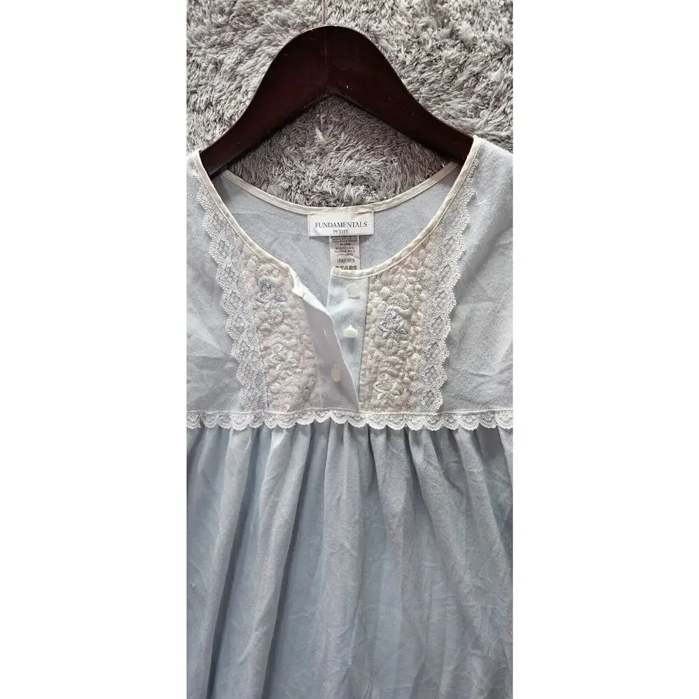 Vintage SEARS Petite Nightgown Blue Light Flannel Lace Embroidery Bodice Pet Med